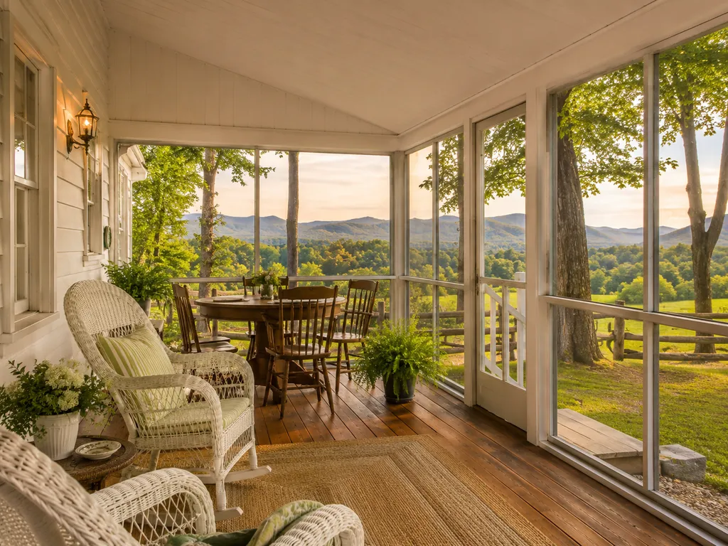 A porch with a table, chairs, and plants, overlooking a mountain landscape.