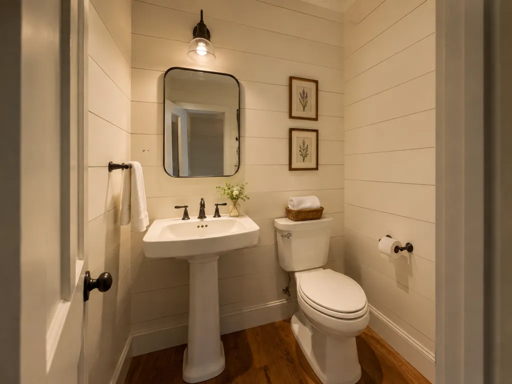 A small bathroom with white walls, a wooden floor, a sink, and a toilet.