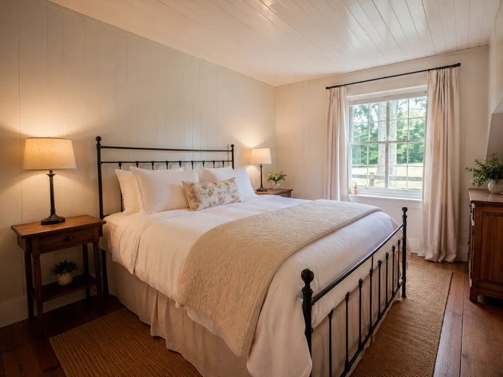 A cozy bedroom with a bed, lamps, and a window with curtains.