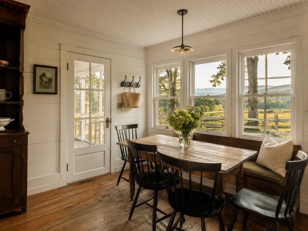 A dining area with a wooden table, black chairs, and a bench with a pillow.