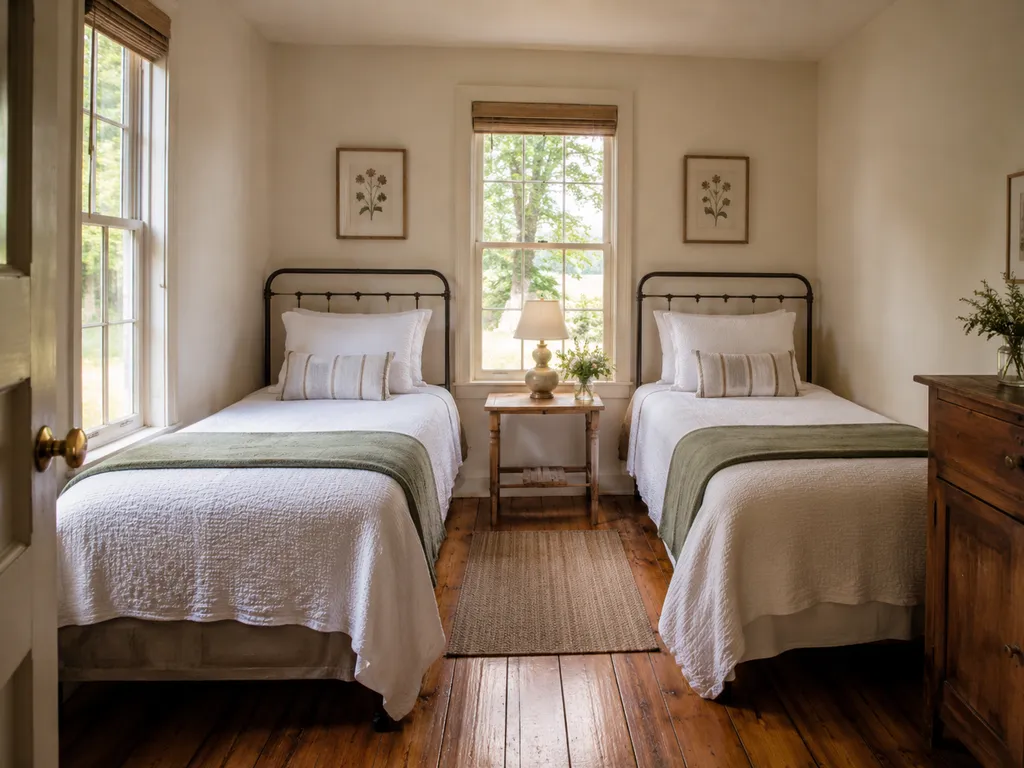 Two twin beds with white sheets and green blankets in a room with wooden floors.