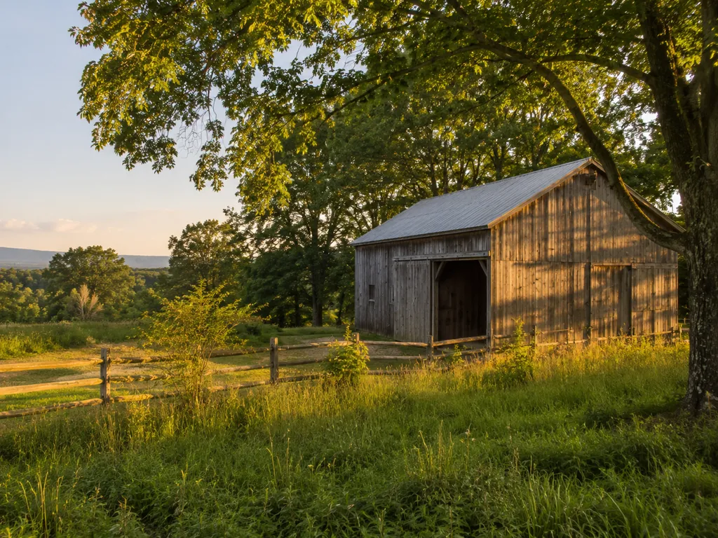 A rustic barn with an open door stands in a grassy field with trees.