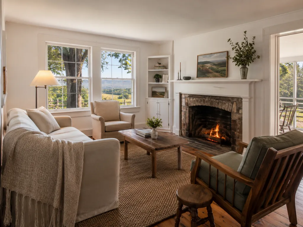 A living room with a fireplace, white couch, wooden chair, and large windows.