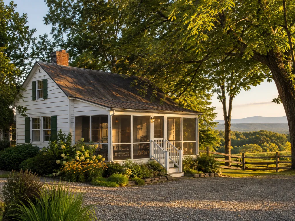 A white house with a porch, surrounded by greenery and a wooden fence.